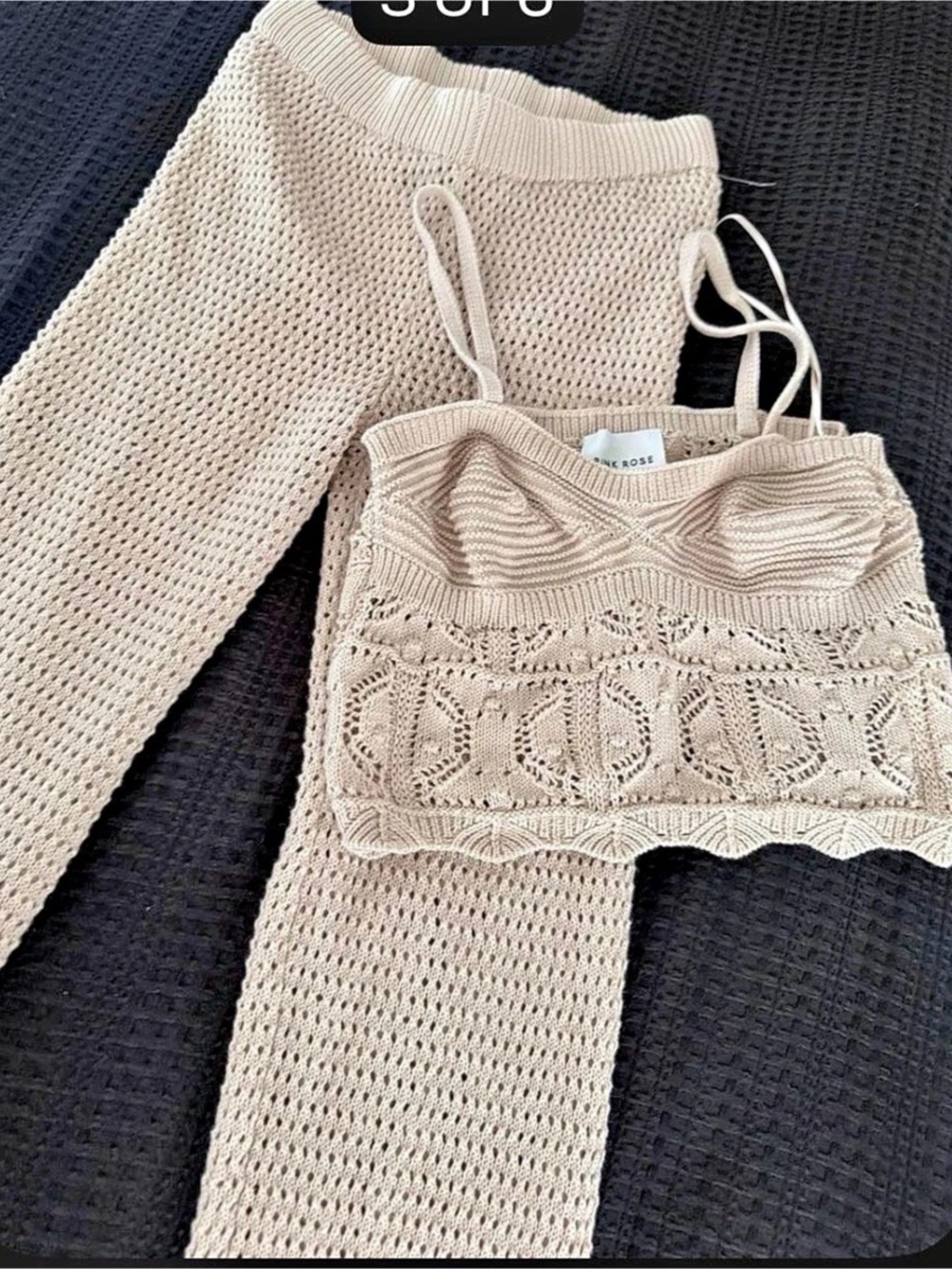 Pink Rose Women's Crochet Knit Wide Leg Set Cream Size XS Like New